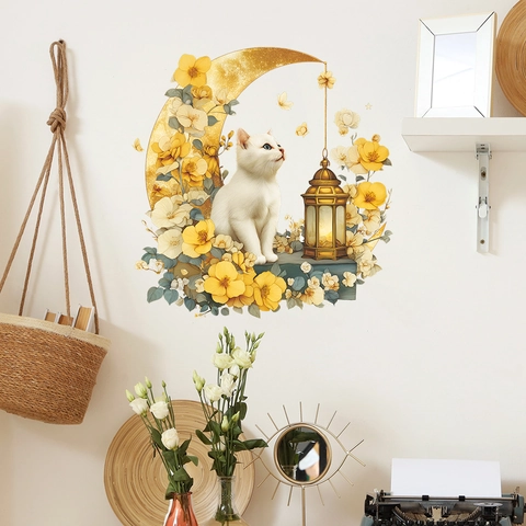 Adesivo da Parete Creativo Gatto Luna Fiori PVC Removibile Autoadesivo Decalcomania per Soggiorno Camera da Letto Decorazioni
