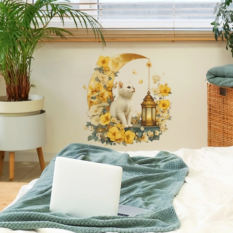 Adesivo da Parete Creativo Gatto Luna Fiori PVC Removibile Autoadesivo Decalcomania per Soggiorno Camera da Letto Decorazioni