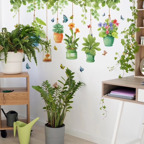 Aquarello Piante In Vaso E Farfalle Adesivi Murali Foglie Verdi Vite Cesto Appeso Decalcomanie Per Decorazione Casa