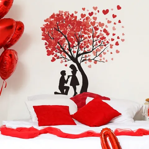 Adesivo da Parete Romantico PVC Albero di Cuori E Silhouette di Coppia Decorazione Autoadesiva Per San Valentino Matrimonio