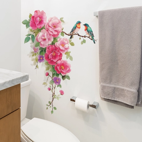 Adesivi Murali Fiori Uccelli PVC Impermeabile Rosa Vite Gazza Decalcomanie Per Soggiorno Bagno Frigorifero Casa Decor