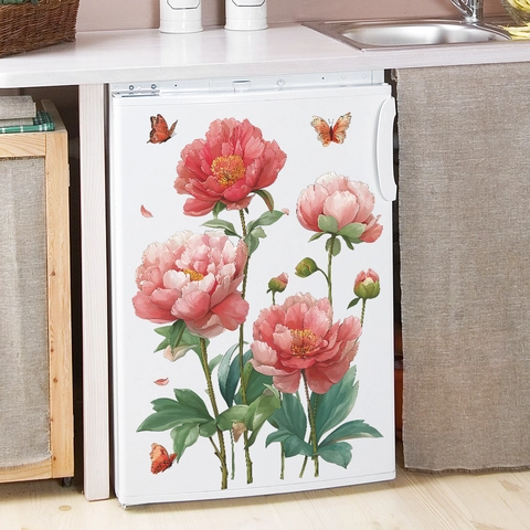 Peony Flower Butterfly Wall Sticker PVC Self-Adhesive Removable Floral Decal For Home Kitchen Bathroom Living Room Decoration