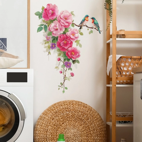 Adesivi Murali Fiori Uccelli PVC Impermeabile Rosa Vite Gazza Decalcomanie Per Soggiorno Bagno Frigorifero Casa Decor