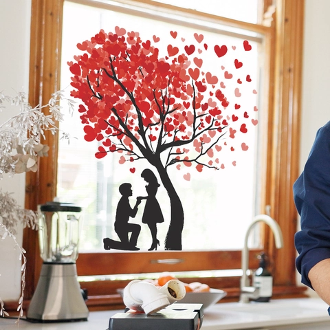 Adesivo da Parete Romantico PVC Albero di Cuori E Silhouette di Coppia Decorazione Autoadesiva Per San Valentino Matrimonio