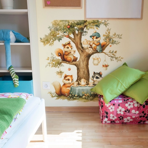 Cartoon Squirrel Family Forest Tea Party Wall Stickers PVC Self-Adhesive Animal Tree Decals For Kids Room Nursery Decor