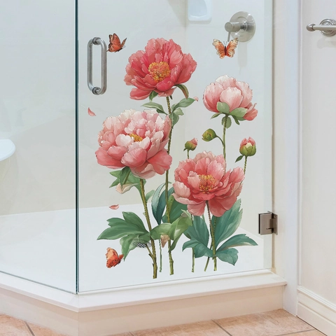 Peony Flower Butterfly Wall Sticker PVC Self-Adhesive Removable Floral Decal For Home Kitchen Bathroom Living Room Decoration