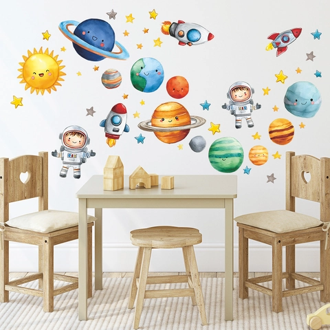Astronaut Space Planet Rocket Wall Sticker For Kids Room Bedroom Decor Watercolor Style PVC Removable Decorative Wall Decal
