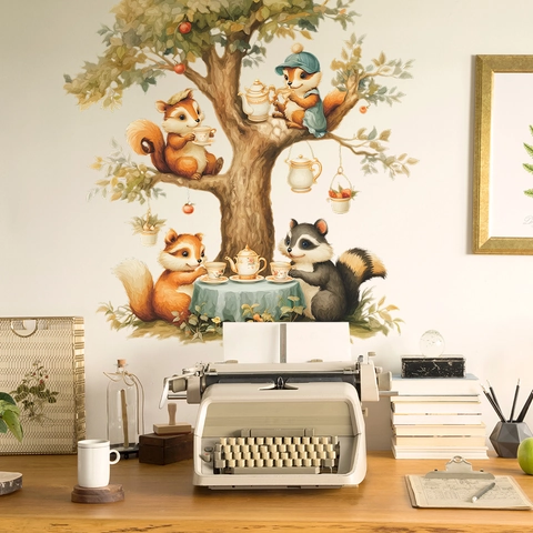Cartoon Squirrel Family Forest Tea Party Wall Stickers PVC Self-Adhesive Animal Tree Decals For Kids Room Nursery Decor