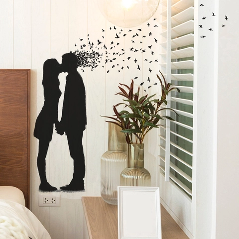 Romantic Kissing Couple Silhouette Wall Stickers Birds Flying Removable PVC Art Mural For Bedroom Valentine Day Decor