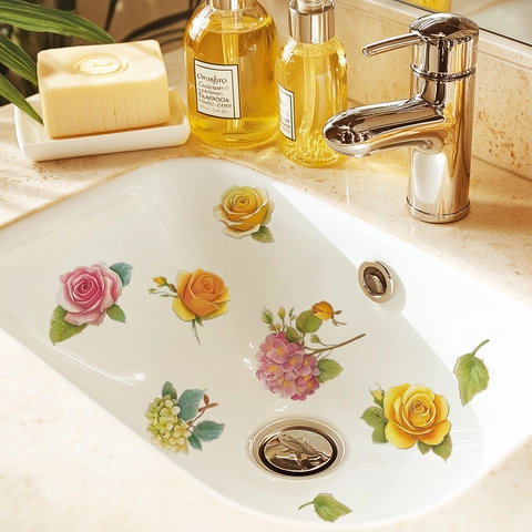 Adesivi Murali Bagno Floreali Vivaci PVC Impermeabili Fiori Rimovibili per Lavandino Specchio Gabinetto Casa Decor