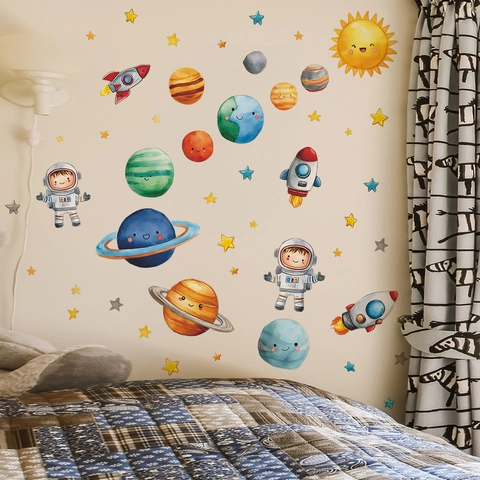 Astronaut Space Planet Rocket Wall Sticker For Kids Room Bedroom Decor Watercolor Style PVC Removable Decorative Wall Decal