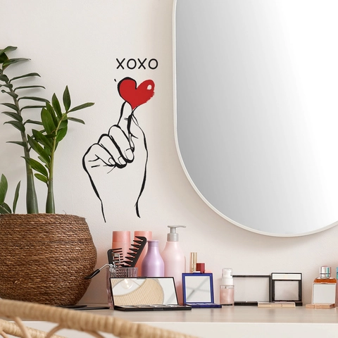 Pegatina de Pared Minimalista Moderna Gesto de Corazón Patrón XOXO PVC Impermeable Decoración de Espejo para Sala de Estar