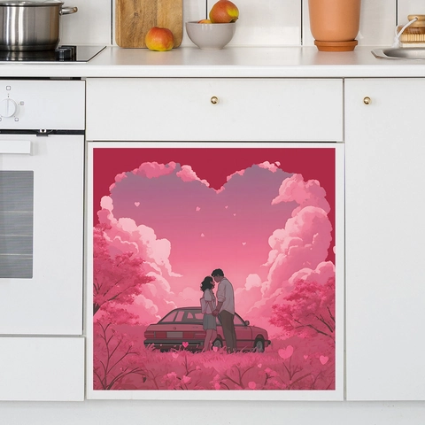 Adhesivo Romántico de PVC para Lavavajillas con Pareja de Anime y Nube de Corazón Cubierta Decorativa Magnética para Cocina