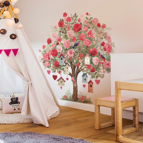 Große Rosenbaum Wandtattoo Mit Vögeln Vogelhaus Herzen PVC Selbstklebend DIY Floral Wandaufkleber Für Wohnzimmer Schlafzimmer Deko