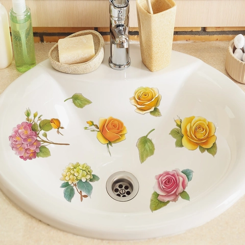 Adesivi Murali Bagno Floreali Vivaci PVC Impermeabili Fiori Rimovibili per Lavandino Specchio Gabinetto Casa Decor