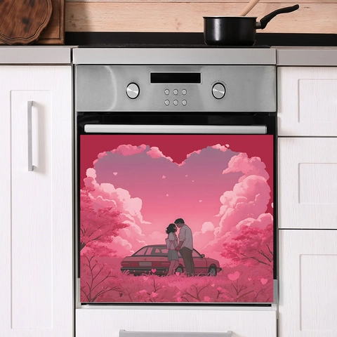 Adhesivo Romántico de PVC para Lavavajillas con Pareja de Anime y Nube de Corazón Cubierta Decorativa Magnética para Cocina