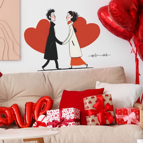 Romantische Cartoon Paar Muursticker Rode Harten ECG Patroon PVC Zelfklevende Vinyl Sticker Voor Valentijnsdag Huis Decoratie