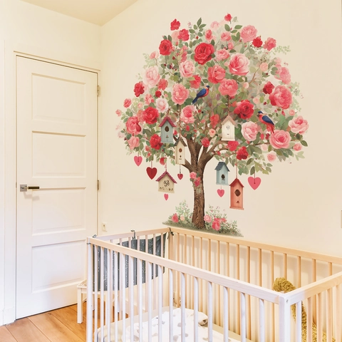 Große Rosenbaum Wandtattoo Mit Vögeln Vogelhaus Herzen PVC Selbstklebend DIY Floral Wandaufkleber Für Wohnzimmer Schlafzimmer Deko