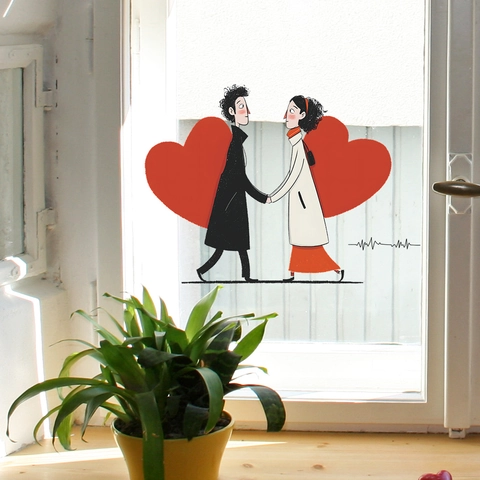Romantische Cartoon Paar Muursticker Rode Harten ECG Patroon PVC Zelfklevende Vinyl Sticker Voor Valentijnsdag Huis Decoratie