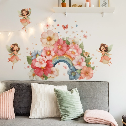 Cartoon Blumenfee Regenbogen Wandsticker PVC Selbstklebend Traumhafte Aquarell Fee Schmetterling Wandtattoo Für Kinderzimmer Dekor
