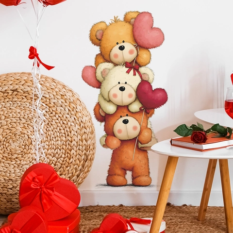 Adesivi Murali Romantici con Orsetto e Palloncino a Cuore Impermeabile PVC Murale Decorativo per Soggiorno Camera da Letto Casa