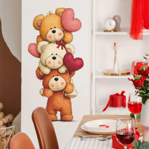 Adesivi Murali Romantici con Orsetto e Palloncino a Cuore Impermeabile PVC Murale Decorativo per Soggiorno Camera da Letto Casa