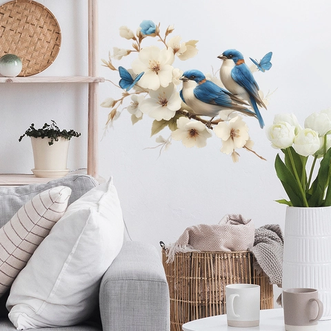 Adesivo Murale Ramo Fiori Uccelli Uccello Blu Fiore Bianco Farfalla PVC Autoadesivo Decorazione per Soggiorno Bagno