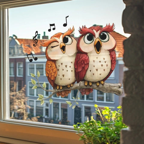 Autocollant Mural Hiboux Chantants Branche d'Arbre Notes de Musique PVC Amovible pour Chambre d'Enfant Crèche Maison