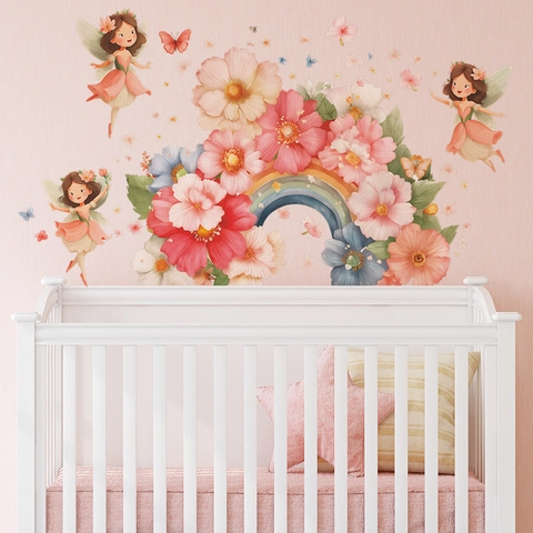 Cartoon Blumenfee Regenbogen Wandsticker PVC Selbstklebend Traumhafte Aquarell Fee Schmetterling Wandtattoo Für Kinderzimmer Dekor