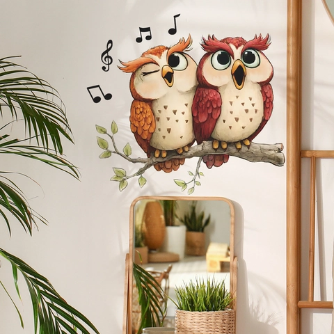 Autocollant Mural Hiboux Chantants Branche d'Arbre Notes de Musique PVC Amovible pour Chambre d'Enfant Crèche Maison