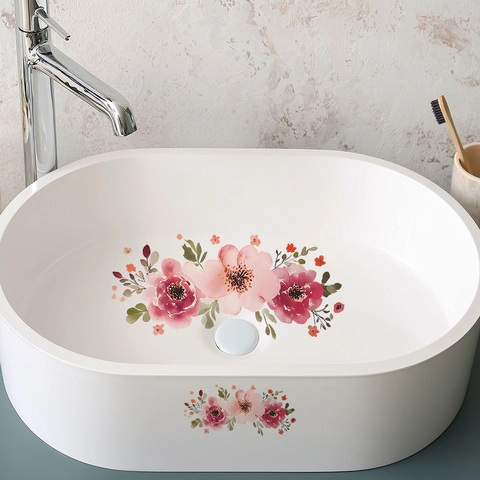 Pegatina de Pared de Hojas Verdes y Flores de Acuarela PVC Impermeable Autoadhesiva Decoración de Baño de Casa para Sala
