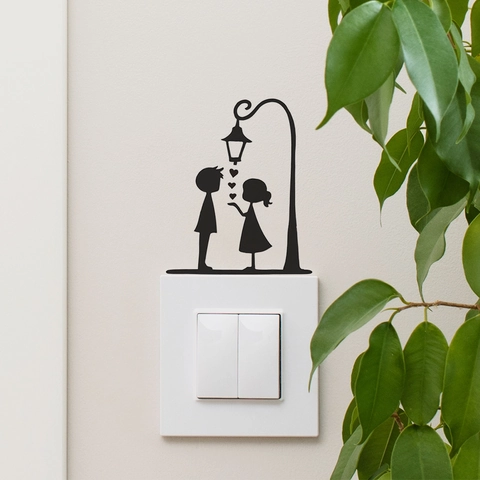 Romantic Couple Silhouette Wall Sticker Under Street Light Heart Pattern PVC Decal For Living Room Bedroom Bathroom Decor