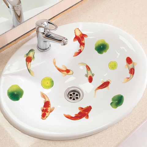 Creative Swimming Koi Fish Lotus Leaf Wall Stickers Waterproof PVC Decorative Decals For Bathroom Bathtub Home Decoration