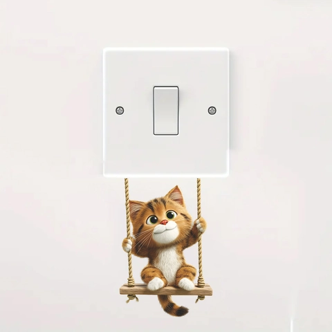 3D Cartoon Orange Striped Cat On Swing Wall Sticker PVC Self Adhesive Switch Decoration For Home Bedroom Living Room