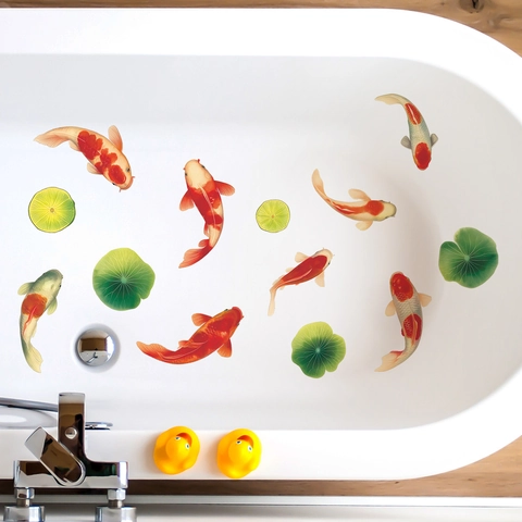 Creative Swimming Koi Fish Lotus Leaf Wall Stickers Waterproof PVC Decorative Decals For Bathroom Bathtub Home Decoration