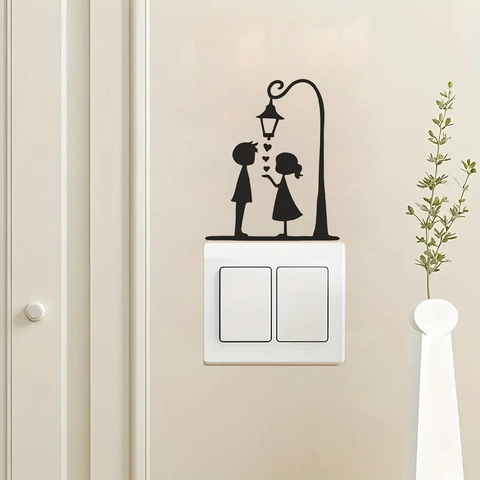 Romantic Couple Silhouette Wall Sticker Under Street Light Heart Pattern PVC Decal For Living Room Bedroom Bathroom Decor