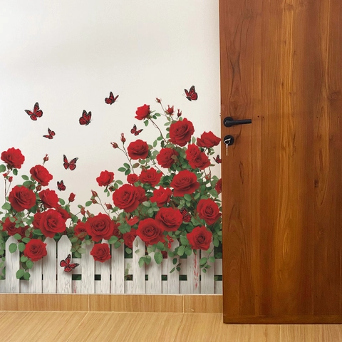 Waterproof PVC Watercolor Rose Flower Fence Butterfly Wall Sticker DIY Modern Minimalist Home Background Decor For Living Room