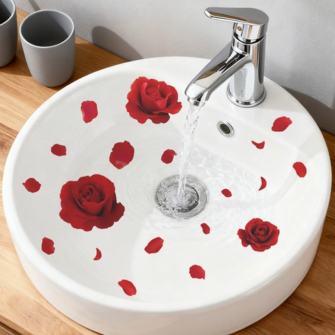 Pegatinas de Pared de Rosa Roja Romántica Pétalos Florales Simulados PVC Impermeable Calcomanía para Hogar Baño Sala de Estar