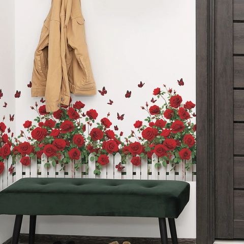 Waterproof PVC Watercolor Rose Flower Fence Butterfly Wall Sticker DIY Modern Minimalist Home Background Decor For Living Room
