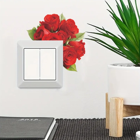 Vivace Adesivo Murale per Interruttore con Rosa Rossa in PVC Removibile Impermeabile Autoadesivo Floreale per Soggiorno Camera da Letto Decorazione