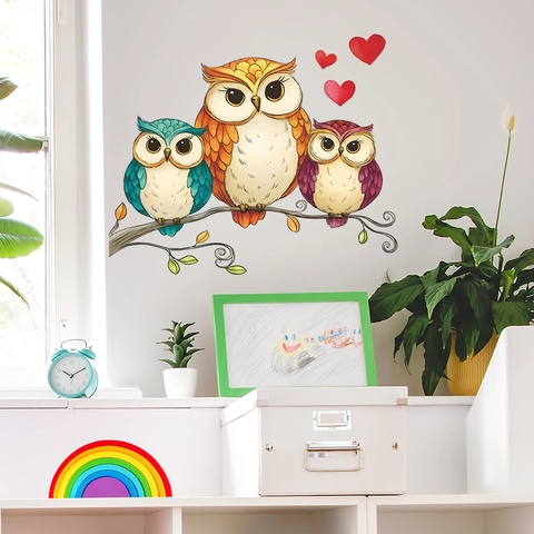 Cartoon Owl Family Wall Sticker Removable PVC Tree Branch Heart Wall Decal For Kids Nursery Bedroom Living Room Home Decoration