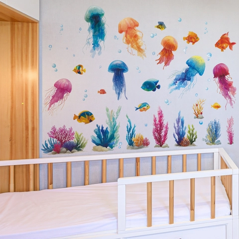 Aquarel Zeedieren Kwallen Koraal Vis Badkamer Muurstickers Waterdicht PVC Zeewezens Decals Voor Kinderkamer Huisdecoratie