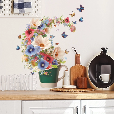 Colorful Flowers Butterfly Coffee Cup Wall Stickers Removable PVC Floral Wall Decals For Kitchen Dining Room Home Decor