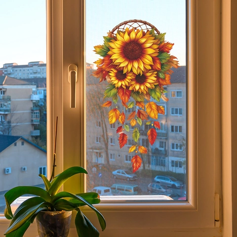 Sunflower Dreamcatcher Wall Sticker Autumn Maple Leaves PVC Decal Aesthetic Room Decor Creative Floral Wall Art Decoration
