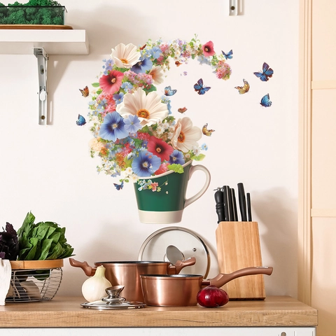 Colorful Flowers Butterfly Coffee Cup Wall Stickers Removable PVC Floral Wall Decals For Kitchen Dining Room Home Decor