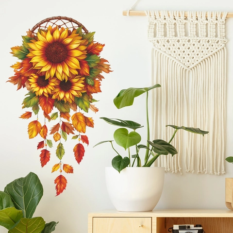 Sunflower Dreamcatcher Wall Sticker Autumn Maple Leaves PVC Decal Aesthetic Room Decor Creative Floral Wall Art Decoration