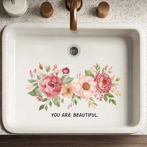 Watercolor Peony Flower Bathroom Wall Stickers PVC Waterproof Decals Motivational Quote Home Decor Washbasin Wall Mural