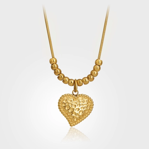 French Vintage Hammered Heart Pendant Necklace Titanium Steel Gold Plated Snake Chain With Gold Beads For Women Jewelry
