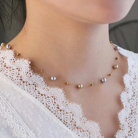 Titanstahl Mehrfarbig Künstliche Perle Halskette Armband Set Elegante Vergoldete Kette Choker Mode Schmuck Für Damen