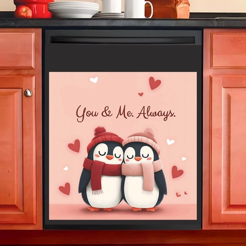 Cute Cartoon Couple Penguin Magnetic Dishwasher Sticker PVC Heart Pattern Always You And Me Quote Kitchen Appliance Decor